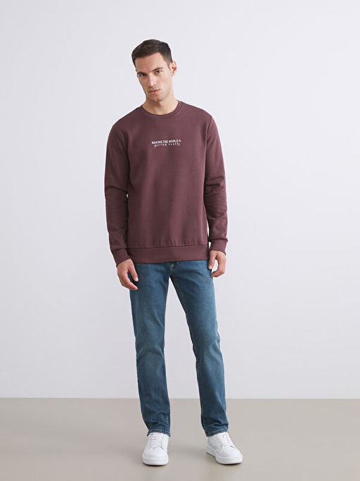 Bisiklet Yaka Bask?l? Erkek Kal?n Sweatshirt