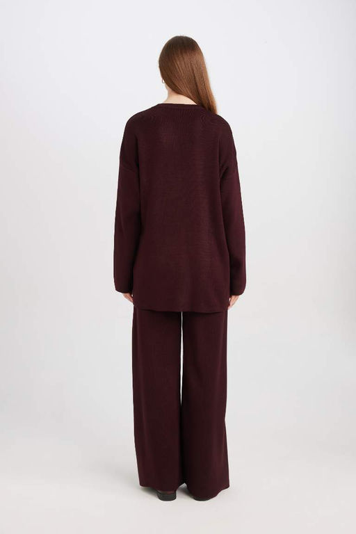 Женский однотонный трикотажный свитер-туника стандартного кроя с круглым вырезом и завязками по бокам - Defacto фото 6