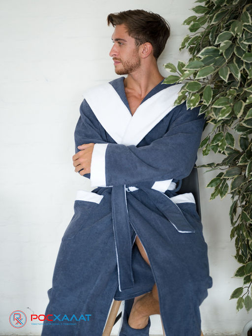 Мужской махровый халат с капюшоном с белой отделкой серый+белый МЗ-05-1 (84) - Росхалат фото 14