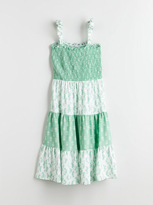 Kare Yaka ?i?ekli K?z ?ocuk Elbise