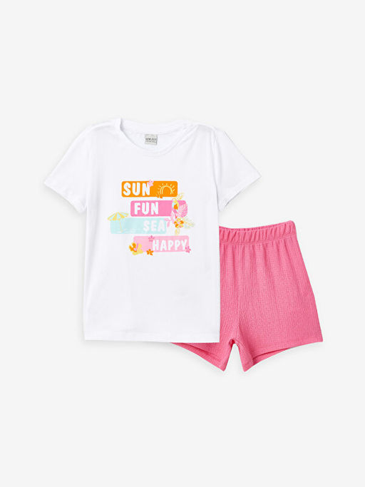 Bisiklet Yaka Bask?l? K?sa Kollu K?z ?ocuk Ti??rt ve ?ort