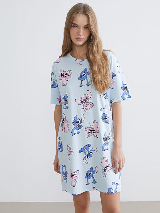 Bisiklet Yaka Stitch Bask?l? Kad?n Gecelik