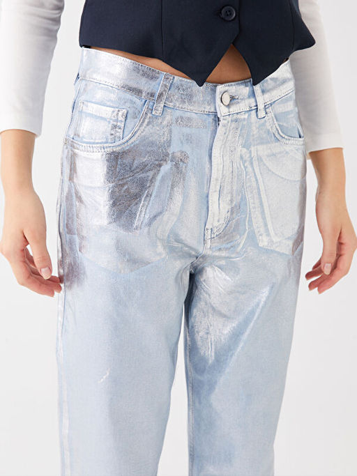 Y?ksek Bel Mom Fit Kad?n Metalik Jean Pantolon