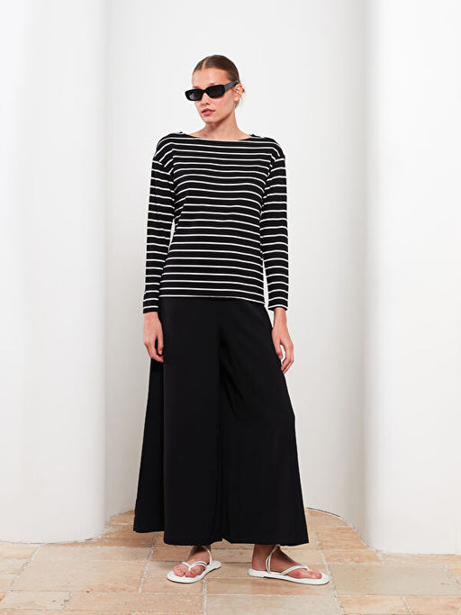 Bisiklet Yaka ?izgili Uzun Kollu Kad?n Ti??rt