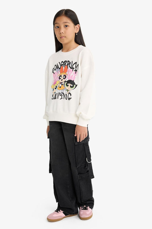 PowerPuff Girls Oversize Geni_ Kal_p Bisiklet Yaka Sweatshirt K_z _ocuk - Defacto фото 3