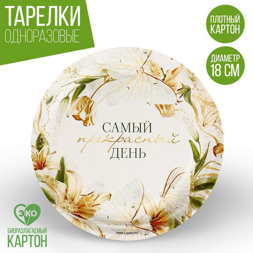 Цена за 10 шт. Тарелка одноразовая бумажная Самый прекрасный день, 18 см