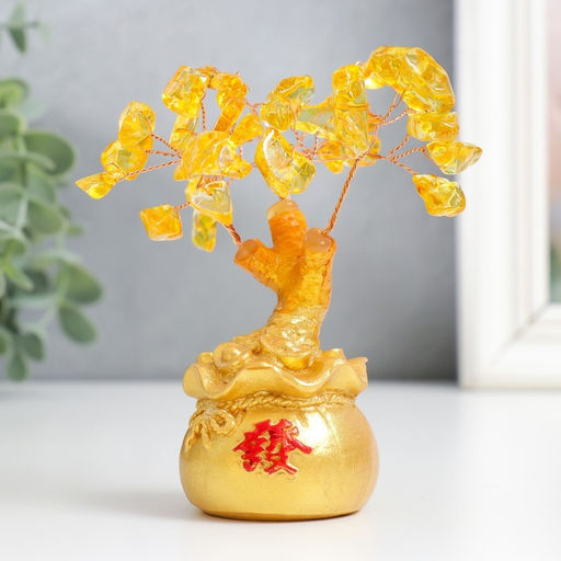 Бонсай декоративный «Денежное дерево с янтарём в золотом мешке», 36 камней, 11.5×4.5×4.5 см, МИКС