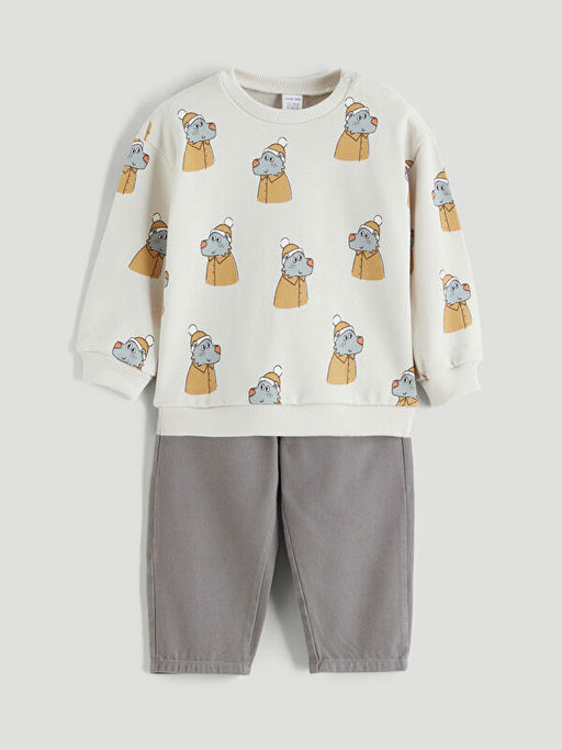 Bask?l? Erkek Bebek Sweatshirt ve Pantolon