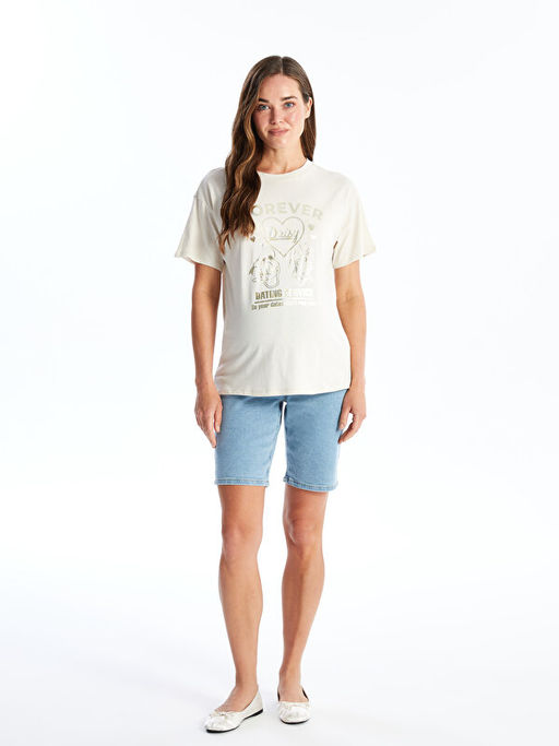 Bisiklet Yaka Bask?l? K?sa Kollu Hamile Ti??rt