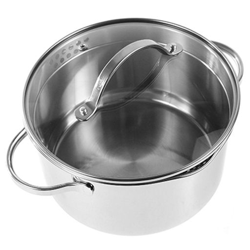 Кастрюля из нержавеющей стали "Prime" 1,9л, д16см, h9,5см, стеклянная крышка с отверстиями для слива воды, двойное капсулированное дно, с носиками, мерная шкала, подарочная коробка, Appetite (Китай) Подходит для всех видов плит, включая индукционную.