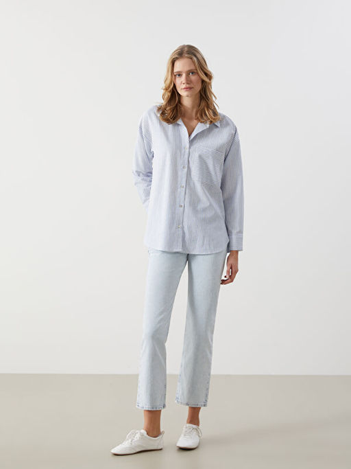 ?izgili Oversize Keten Kar???ml? Kad?n G?mlek