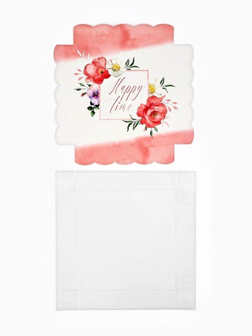 Цена за 5 шт. Коробка для печенья, кондитерская упаковка с пластиковой крышкой, Happy time, 15?15?3 см