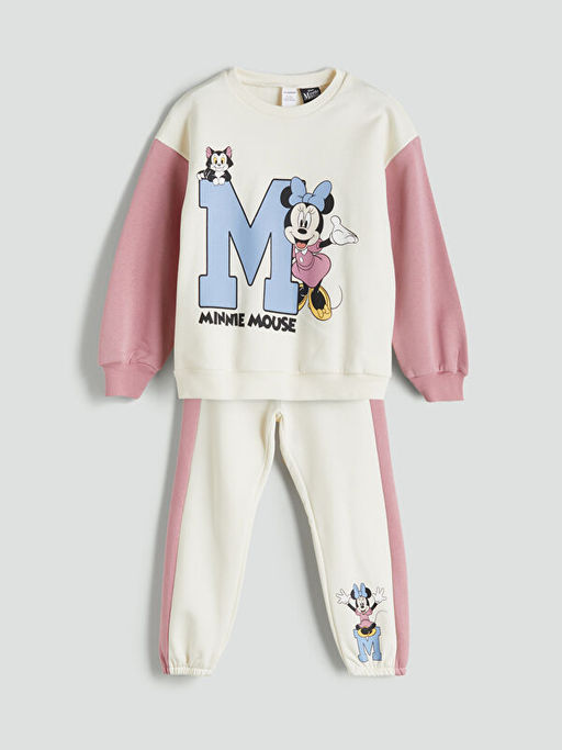 Bisiklet Yaka Minnie Mouse Bask?l? K?z ?ocuk Sweatshirt ve E?ofman Alt 2li