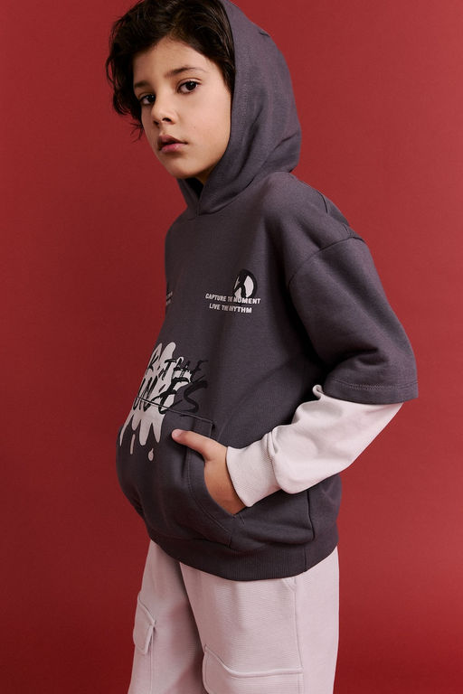 Kap__onlu Bask_l_ __i Yumu_ak T_yl_ Sweatshirt Erkek _ocuk - Defacto фото 3