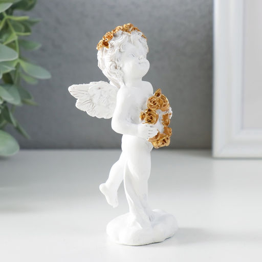 Фигурка полистоун Белоснежный ангел с венком из золотых роз, 5?4.5?12 см