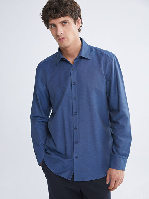 ?nden D??me Kapamal? D?z Uzun Kollu Erkek G?mlek