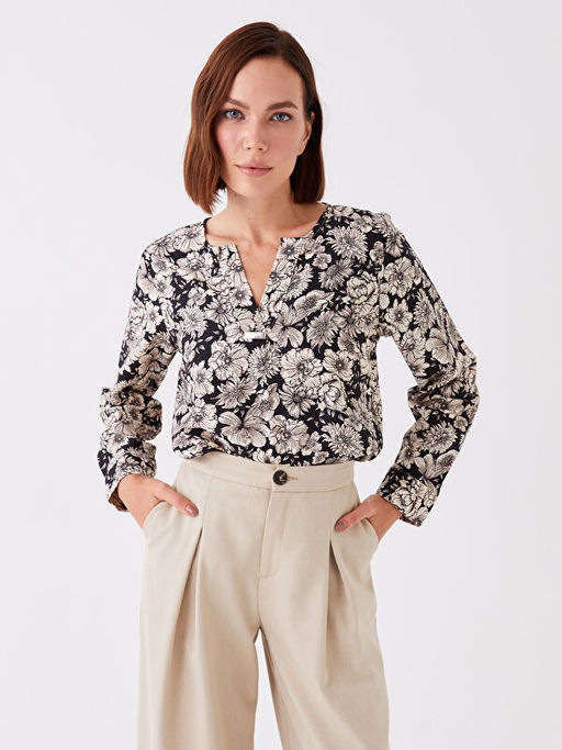 Ka??k Yaka ?i?ekli Uzun Kollu Kad?n Bluz