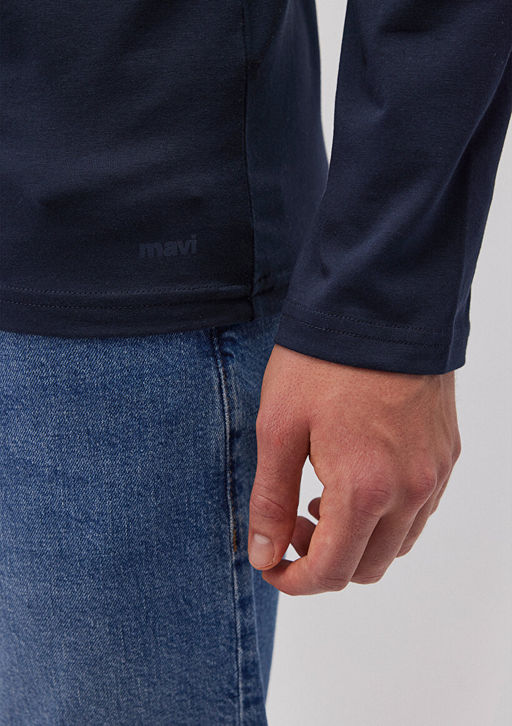 Uzun Kollu Lacivert Basic Tisort - Mavi фото 5