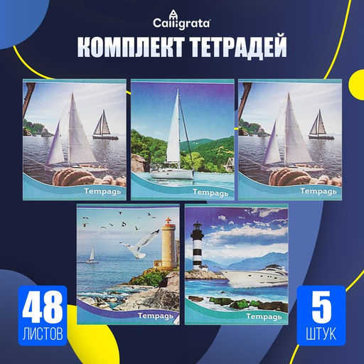 Цена за 2 шт. Набор тетрадей 48 листов в клетку, Calligrata «Корабли», обложка мелованная бумага, серые листы, 5 шт.