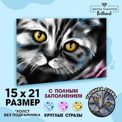 Алмазная мозаика с полным заполнением на холсте «Кот», 15×21 см