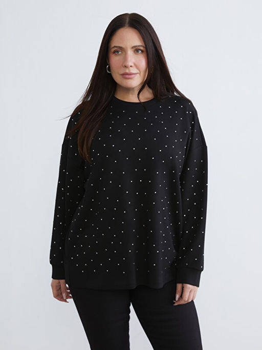 B?y?k Beden Bisiklet Yaka Ta?l? Kad?n Sweatshirt