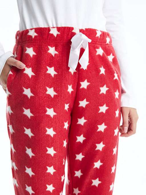 Beli Lastikli Bask?l? Kad?n Polar Pijama Alt?