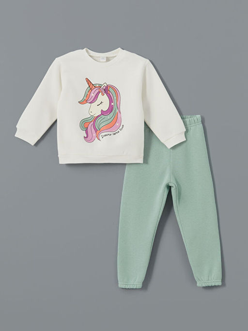 Bisiklet Yaka Uzun Kollu Bask?l? K?z Bebek Sweatshirt ve Tayt 2li Tak?m