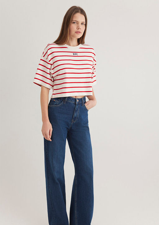 Mavi Logo Bask?l? K?rm?z? Cizgili Crop Tisort  фото 3