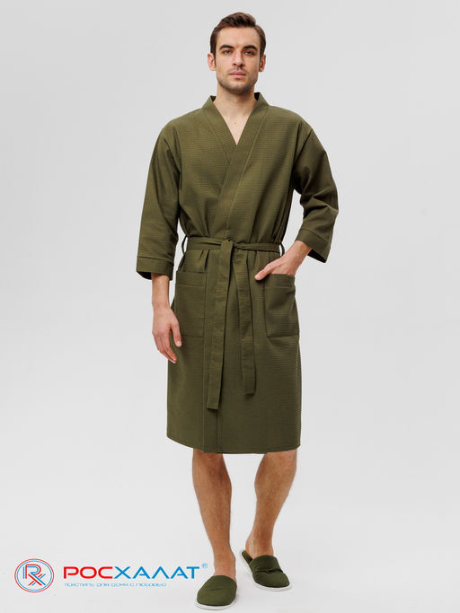 Мужской укороченный вафельный халат с планкой хаки В-05 (26)