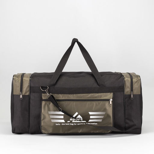 Сумка дорожная на молнии, 3 наружных кармана, длинный ремень, цвет чёрный/хаки