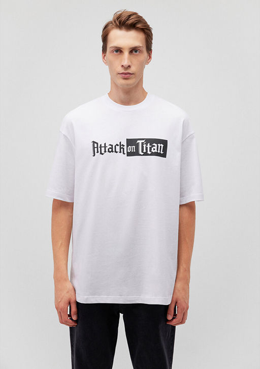 Attack On Titan Bask?l? Beyaz Tisort - Mavi фото 3