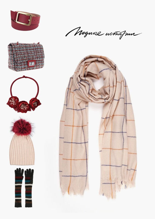 Палантин в клетку бежевого цвета с бахромой - Модные истории фото 7