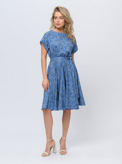 Платье синего цвета длины миди с цветочным принтом и короткими рукавами - 1001dress фото 6