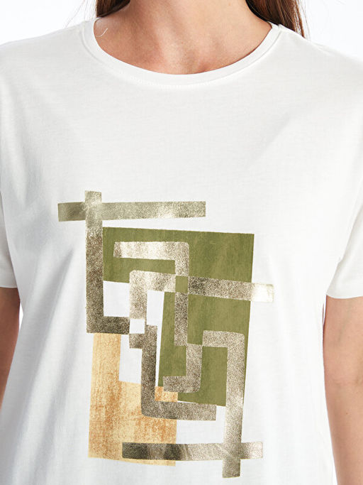 Bisiklet Yaka Bask?l? K?sa Kollu Kad?n Ti??rt