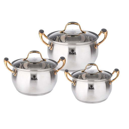 Набор кастрюль 6 пр. из нержавеющей стали со стекл. кр. (2,6л, 3,6л, 4,7л) R-234H /RASHEL/