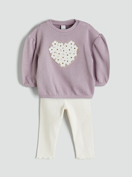 Bisiklet Yaka ?i?ekli K?z Bebek Sweatshirt ve Tayt