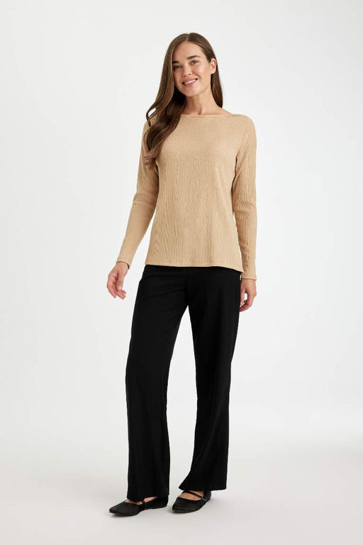 Женская футболка стандартного кроя с вырезом лодочка и запахом, длинными рукавами - Defacto фото 2