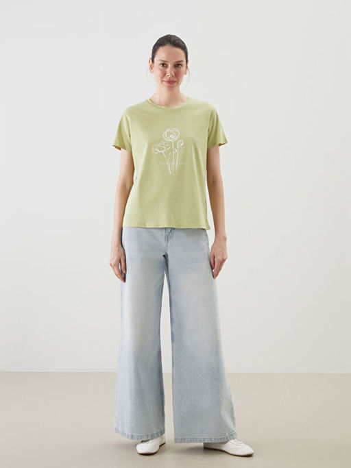 Bisiklet Yaka Bask?l? Penye Kad?n Ti??rt