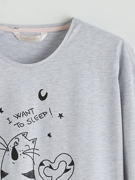 Bisiklet Yaka Kedi Bask?l? Kad?n Pijama ?st?