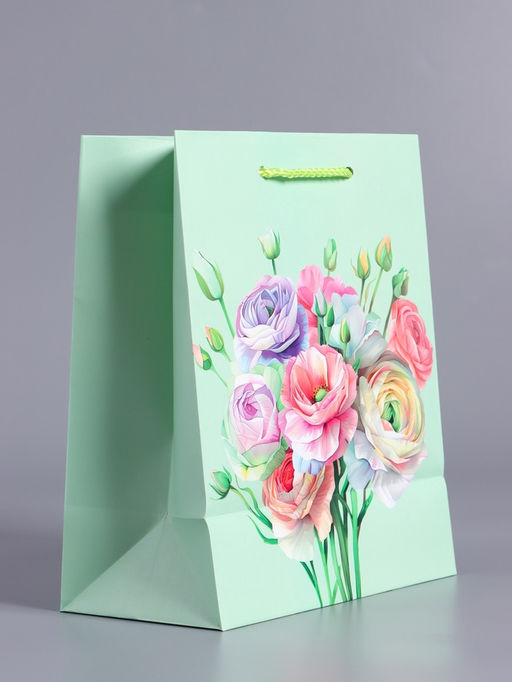 Пакет подарочный ламинированный Весенний букет, мятный, 18?22.3?10 см
