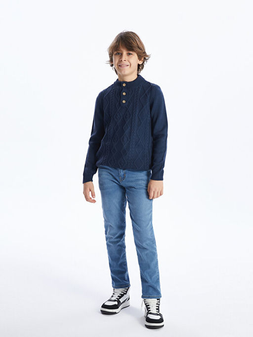 Dik Yaka Kendinden Desenli Erkek ?ocuk Triko Kazak - Waikiki фото 3