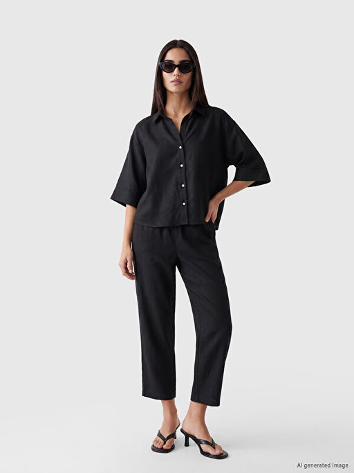 Keten Kar???ml? Oversize Kad?n G?mlek