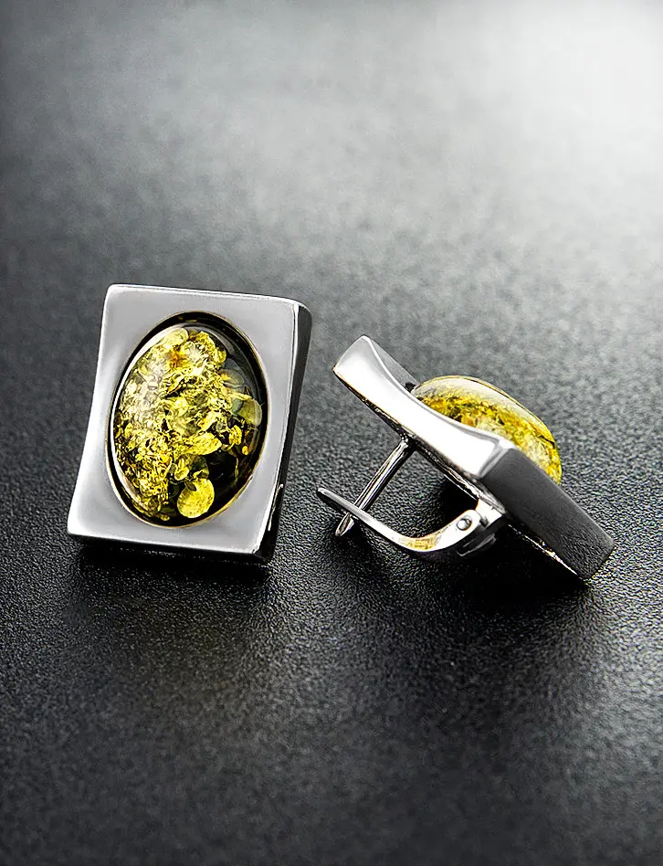 Стильные серьги Фиджи крупные из серебра с натуральным янтарём зелёного цвета - Амберхолл фото 2