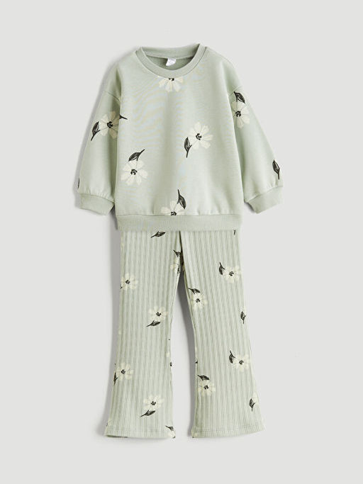 ?i?ekli K?z ?ocuk Sweatshirt ve Tayt Pantolon 2li