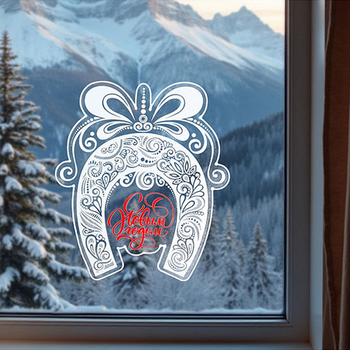 Силиконовая новогодняя наклейка "Кружевная подкова" 33*30 см