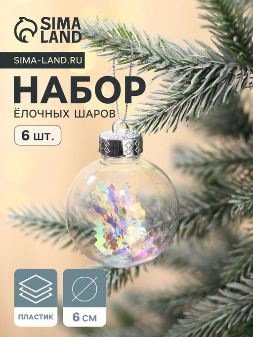 Ёлочные игрушки Льдинка - серпантин, шары новогодние, d=6 см, набор 6 шт., прозрачный