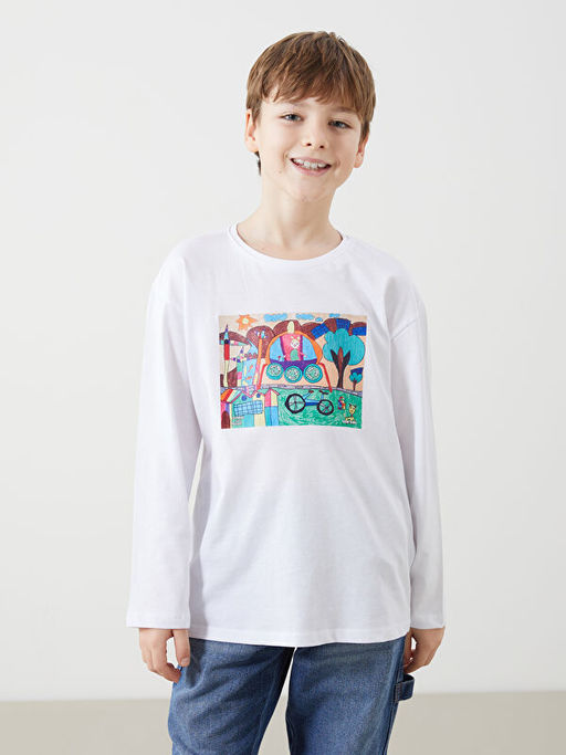 Bisiklet Yaka Bask?l? Unisex ?ocuk Ti??rt