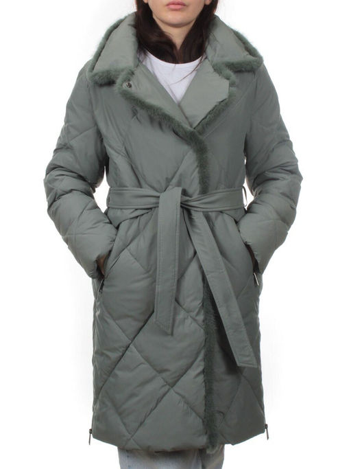 309 GRAY/GREEN Пальто зимнее стеганое женское (200 гр. холлофайбер, натуральная норка)