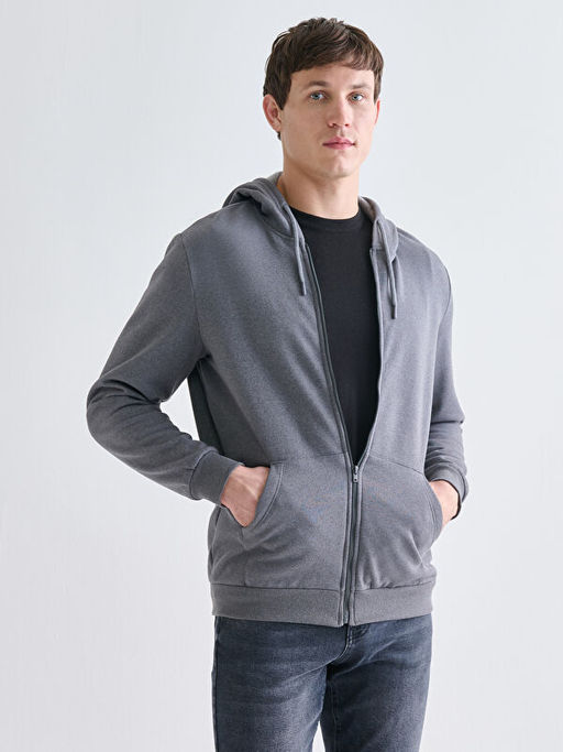 Kap??onlu Uzun Kollu Erkek Fermuarl? Sweatshirt
