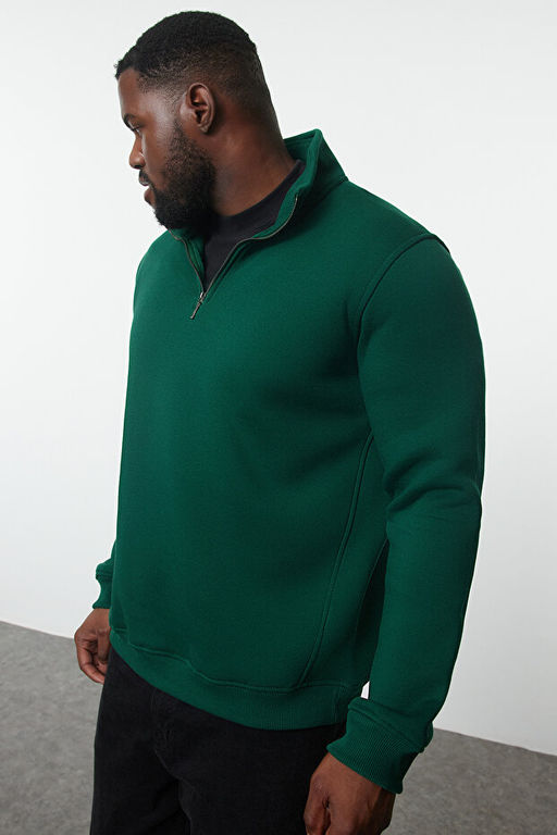 Ye_il B_y_k Beden Oversize/Normal Kesim Dik Yaka Fermuarl_ __i Polarl_ Sweatshirt TMNAW24AO00024 - Trendyolmilla фото 2